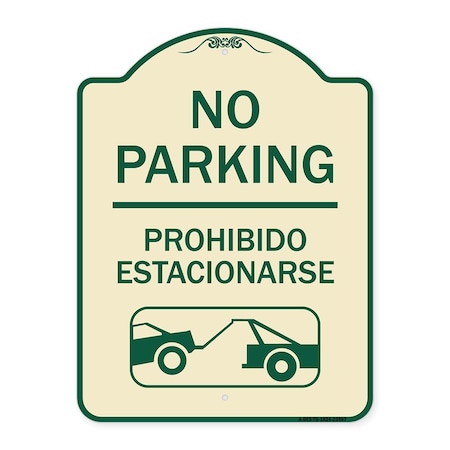 Signmission No Parking Prohibido Estacionarse W/ Car Tow Graphic Heavy-Gauge Alum Sign, 24" x 18", TG-1824-23597 A-DES-TG-1824-23597